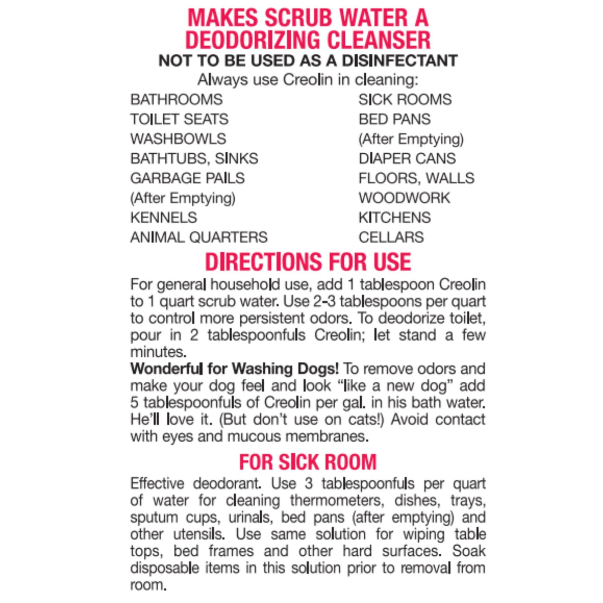 OAKHURST Creolin label close-up displaying directions and ingredients clearly