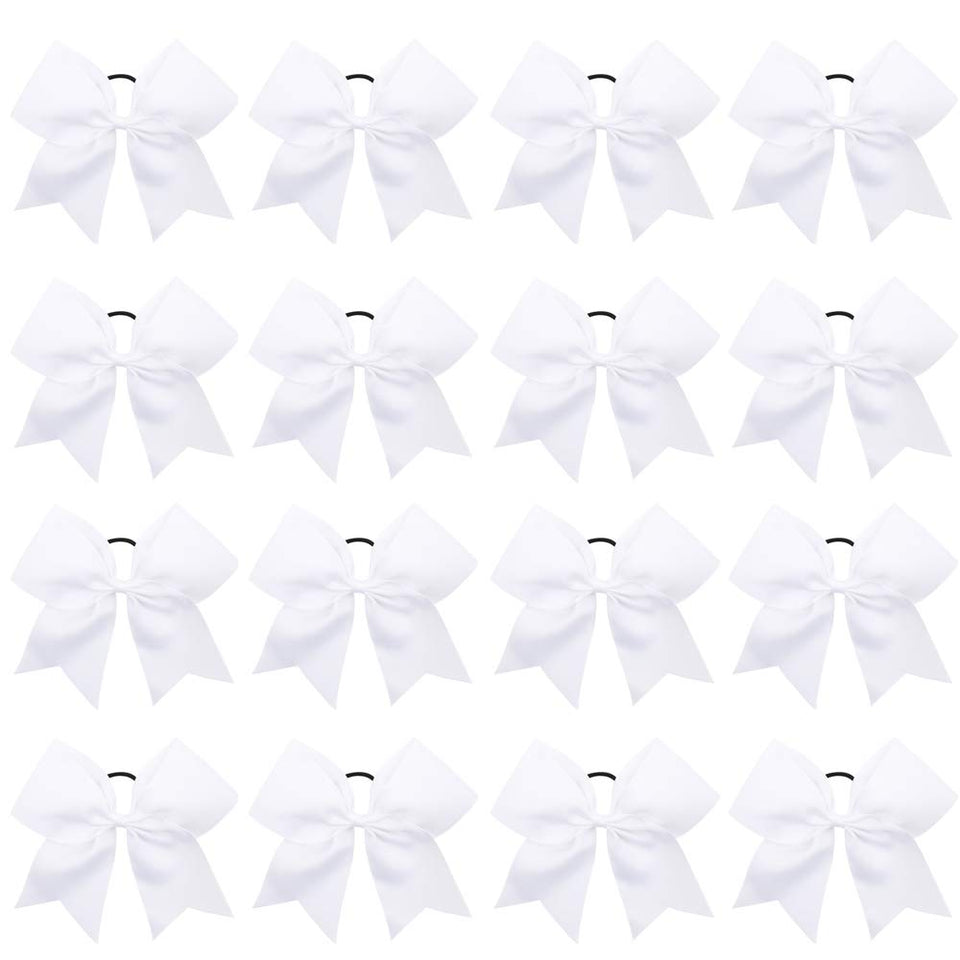 OAOLEER front view of 16 white cheer bows showcasing uniform team-ready packaging and visibility