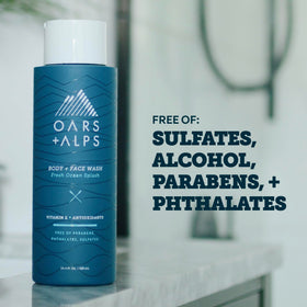 Oars + Alps label detail highlighting sulfate- and paraben-free formula benefits