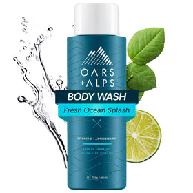 Oars + Alps front packaging showing bottle and Fresh Ocean Splash scent, clean benefit