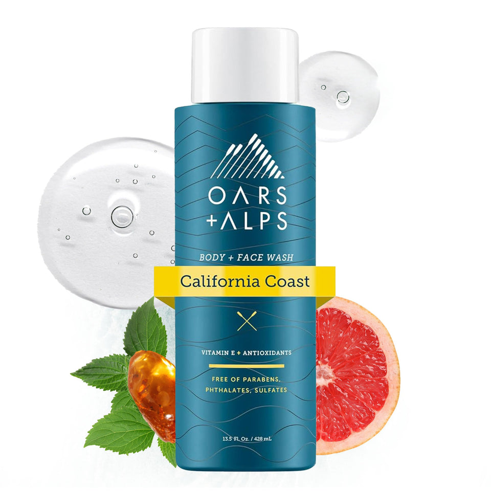 Oars + Alps front bottle displaying California Coast scent and branding, clear product benefit