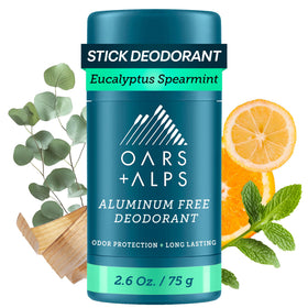 Oars + Alps front packaging showing clear stick and eucalyptus spearmint scent benefits