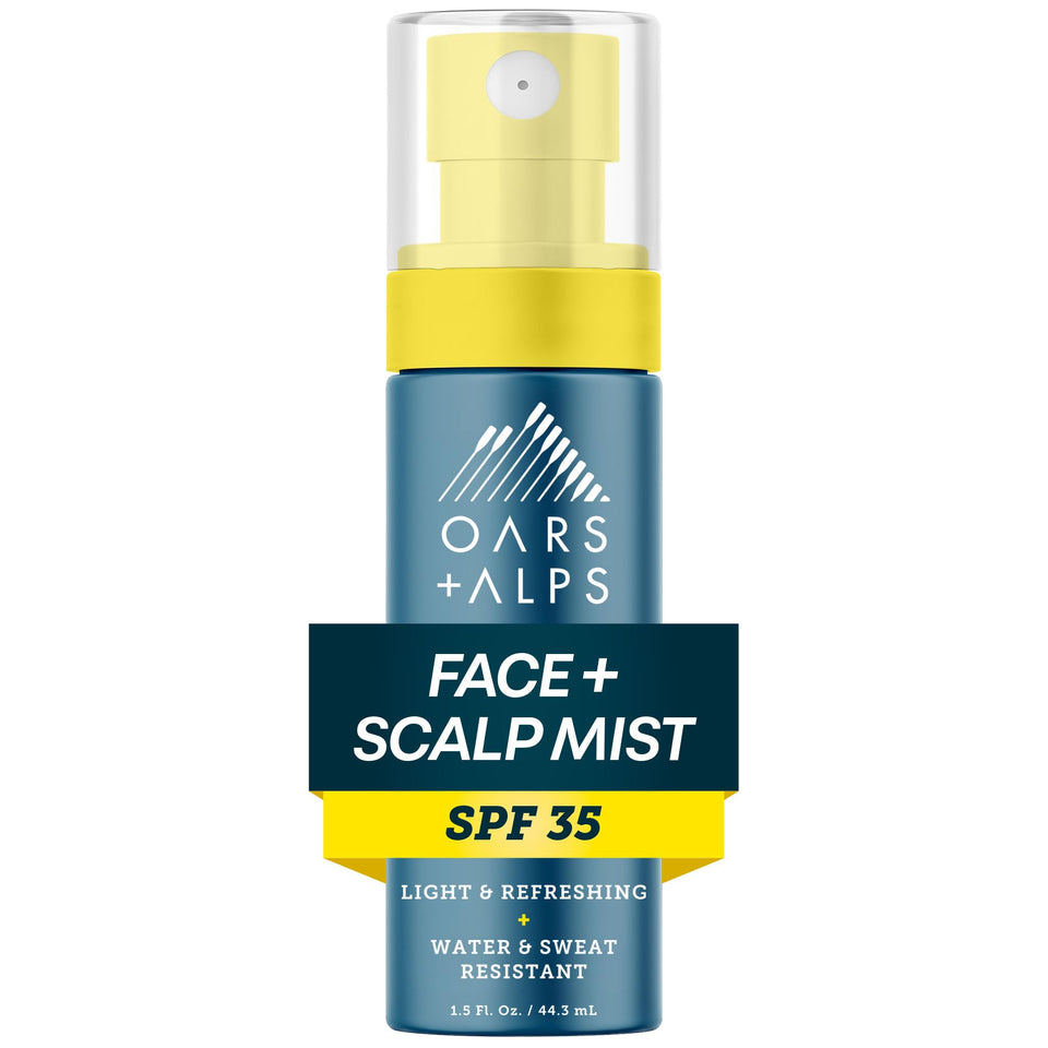 Oars + Alps front packaging showing the 1.5oz SPF 35 mist for convenient protection