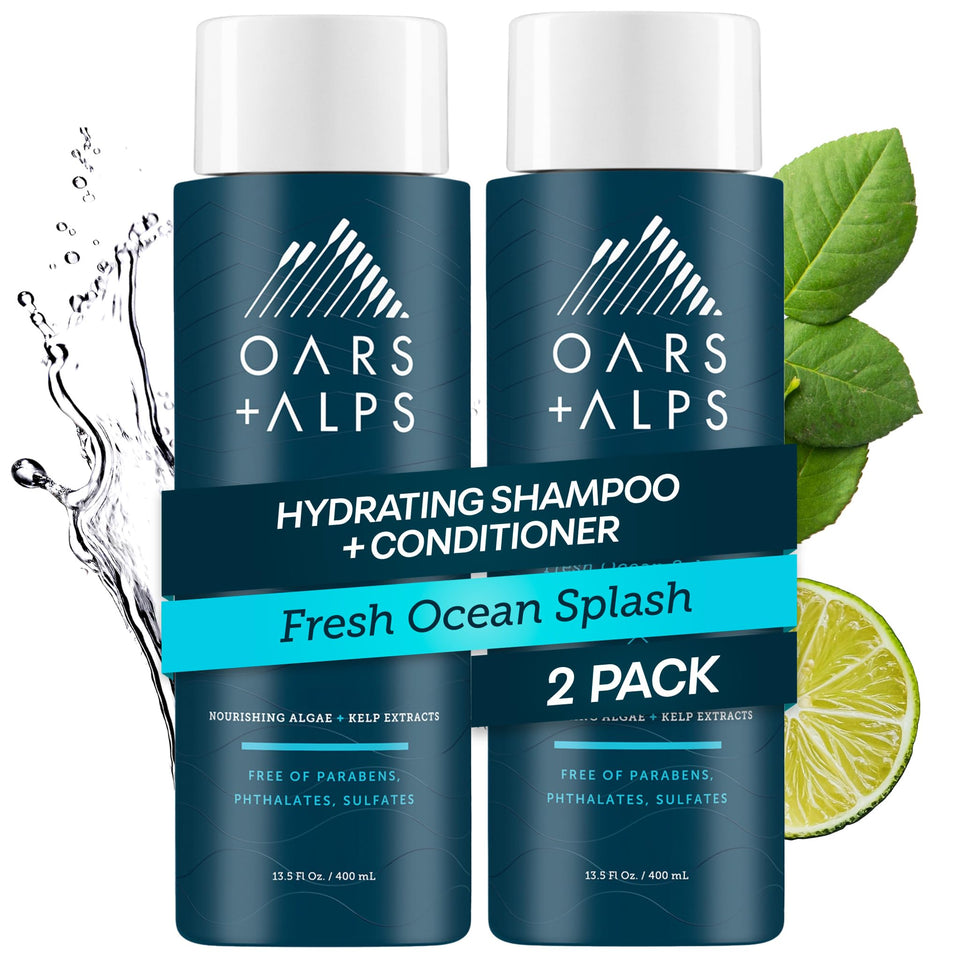 Oars + Alps front packaging showing shampoo and conditioner for easy identification and freshness