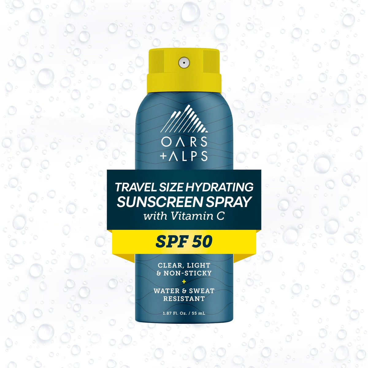 Oars + Alps front packaging spray shows SPF 50 and travel-size protection