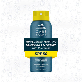 Oars + Alps front packaging spray shows SPF 50 and travel-size protection