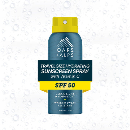 Oars + Alps front packaging spray shows SPF 50 and travel-size protection