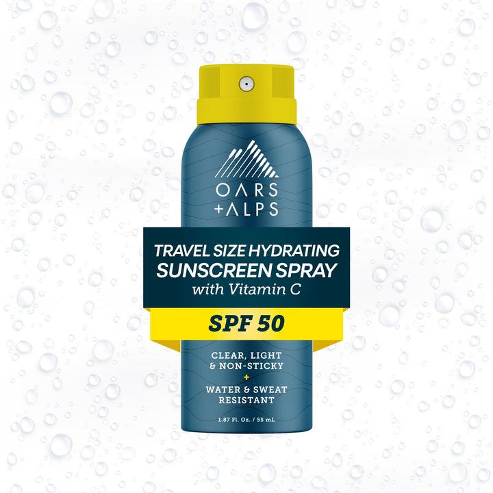 Oars + Alps front packaging spray shows SPF 50 and travel-size protection