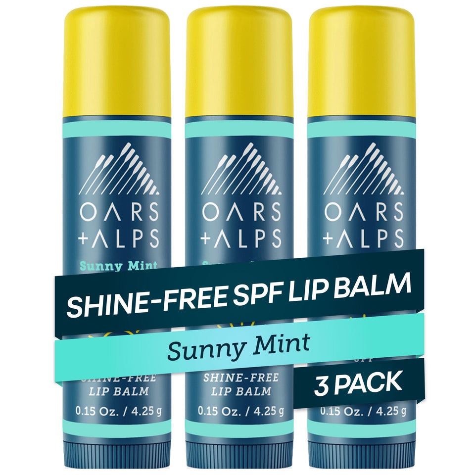 Oars + Alps front packaging showing three Sunny Mint SPF 18 tubes and benefits