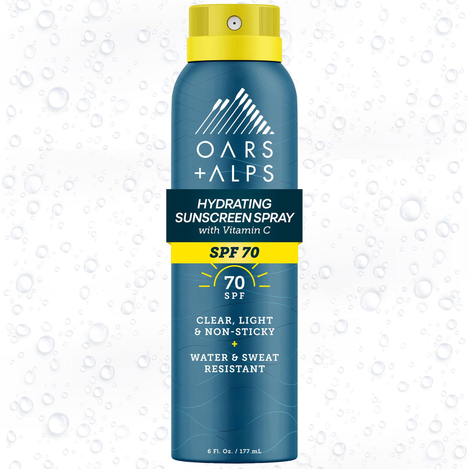 Oars + Alps front packaging showing SPF 70 and spray benefits for travel