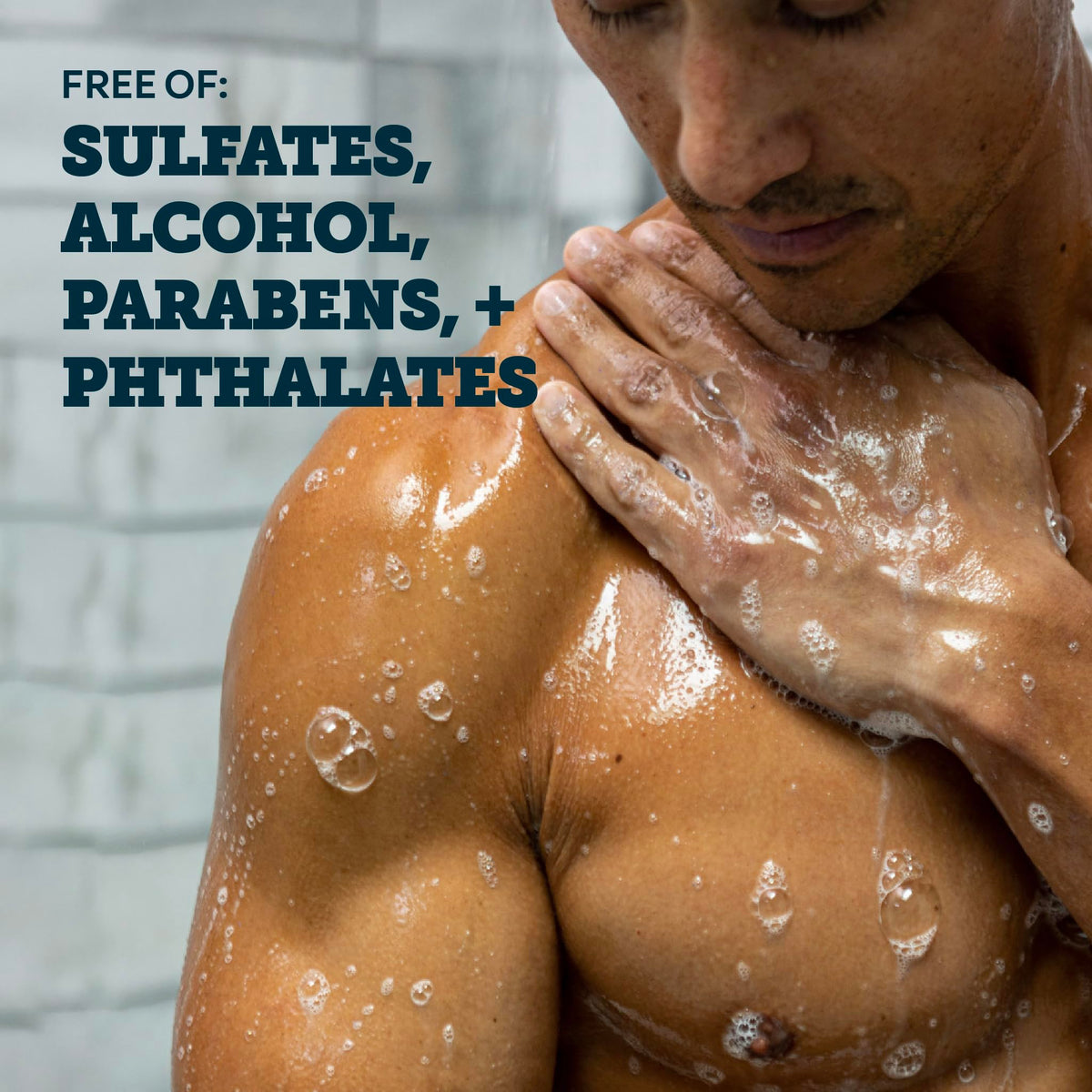 Oars + Alps body wash in use in shower showing easy rinse and refreshing clean sensation
