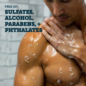 Oars + Alps body wash in use in shower showing easy rinse and refreshing clean sensation