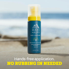Oars + Alps being sprayed on face showing fast hands-free reapplication benefit