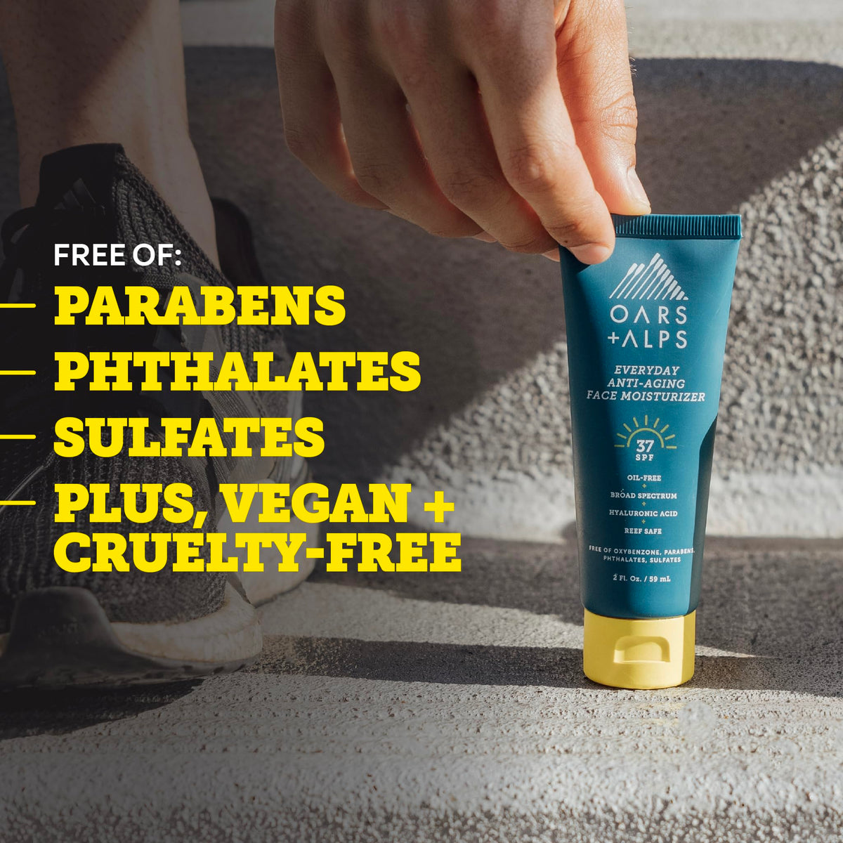 Oars + Alps label showing ingredients list and clean, vegan formulation benefits