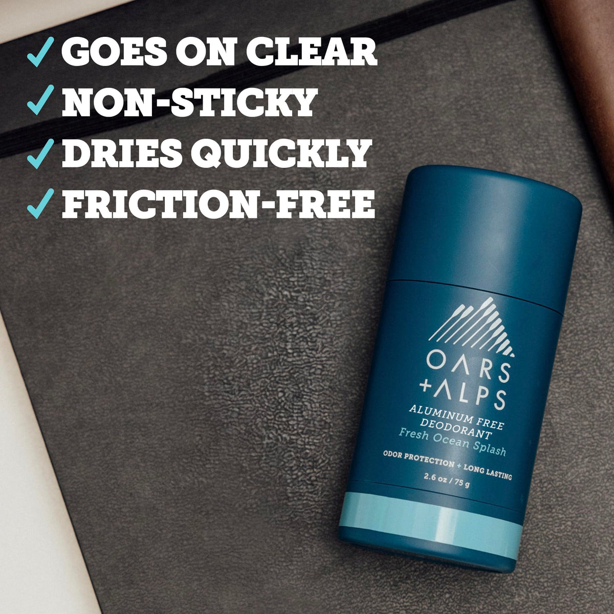 Oars + Alps ingredient label close-up displaying aluminum-free and baking soda-free benefits