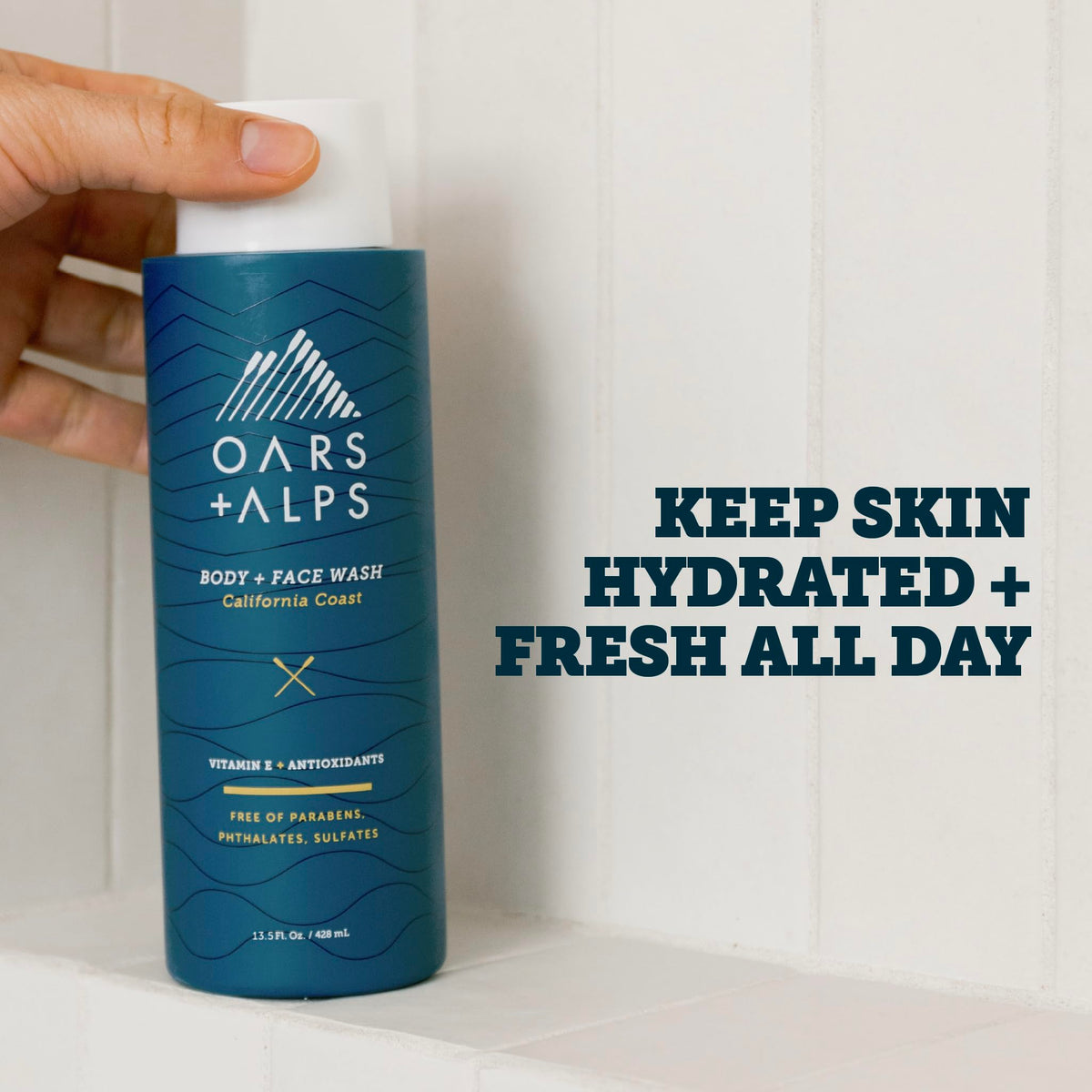 Oars + Alps pump and label close-up showing ingredient claims and premium design benefit