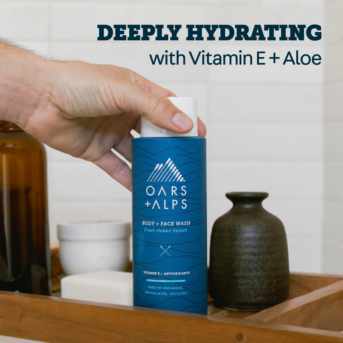 Oars + Alps pump dispensing wash into hand for easy use and controlled portioning