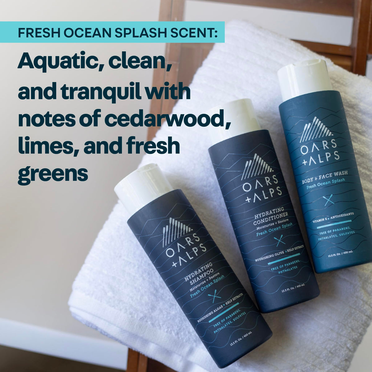 Oars + Alps set on bathroom shelf lifestyle scene conveying everyday clean, invigorating scent