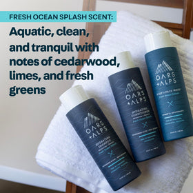 Oars + Alps set on bathroom shelf lifestyle scene conveying everyday clean, invigorating scent