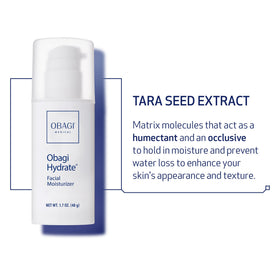Obagi Medical close up label highlighting tara seed extract and glycerin