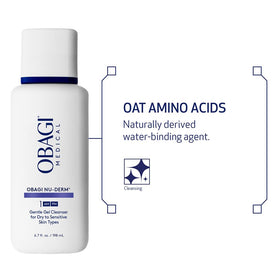 Obagi Medical Nu-Derm bottle label close-up showing ingredient panel and product details for informed use