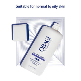 Obagi Medical bottle on bathroom counter suggesting daily skincare organization