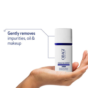 Creamy texture of Obagi Nu-Derm Gentle Cleanser on fingertips showing mild, non-stripping foam