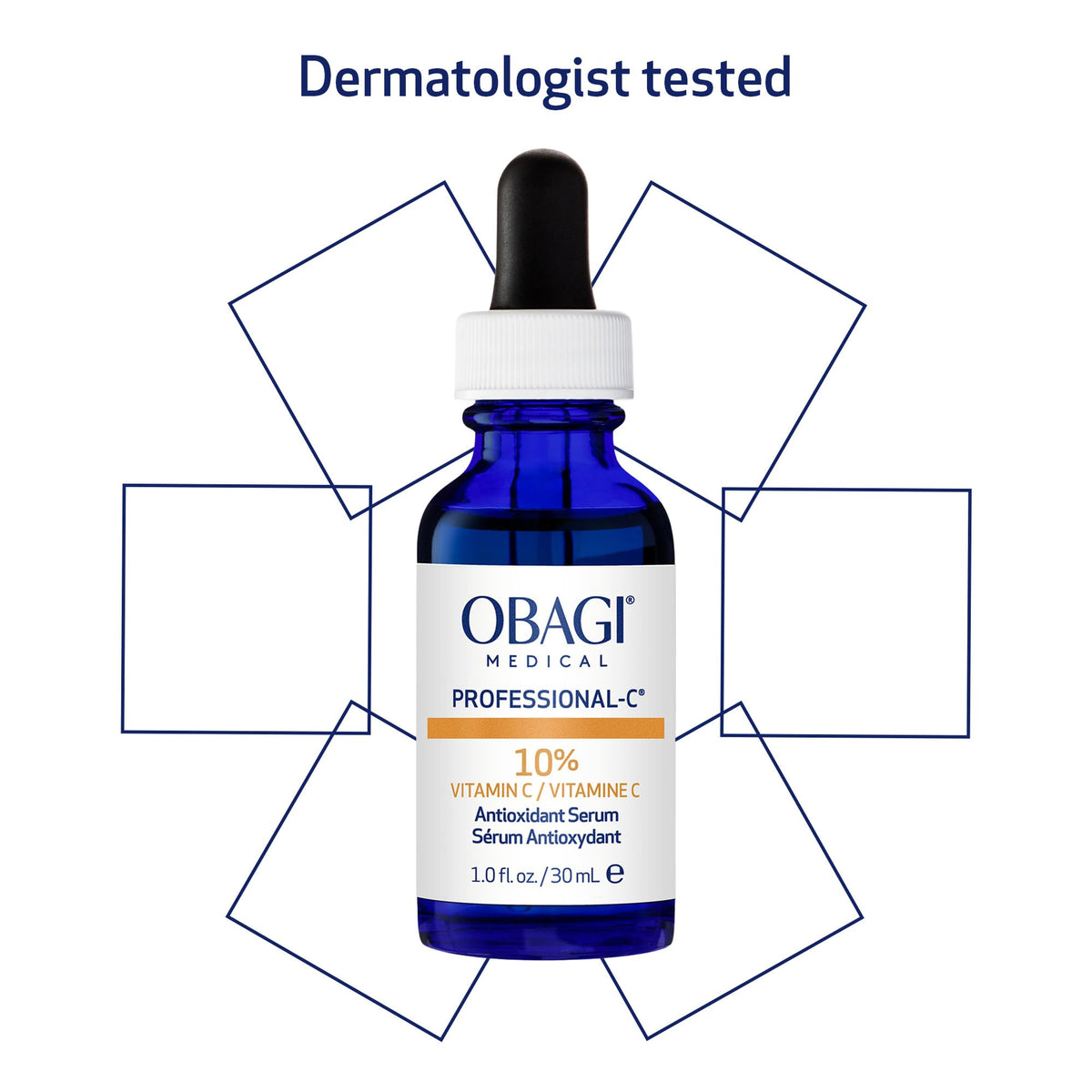 Obagi Medical serum in a bathroom morning routine, shows complementary sunscreen use