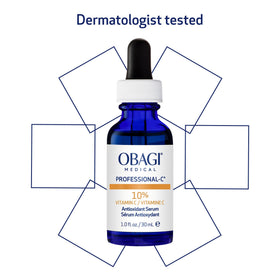 Obagi Medical serum in a bathroom morning routine, shows complementary sunscreen use
