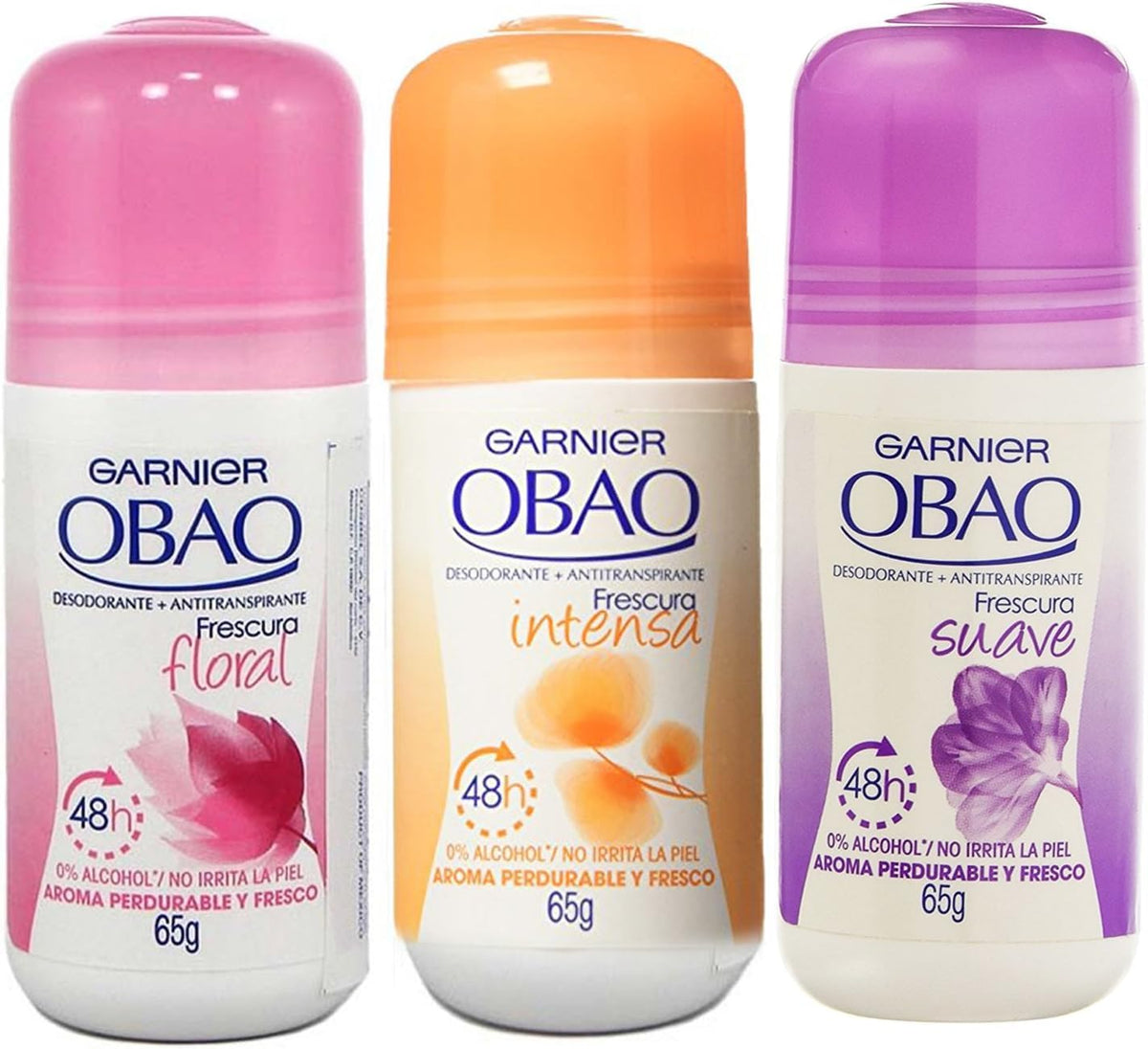 Obao pack front view showing three assorted deodorant bottles and portability benefit