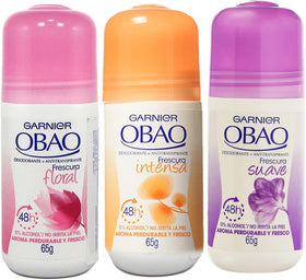 Obao pack front view showing three assorted deodorant bottles and portability benefit