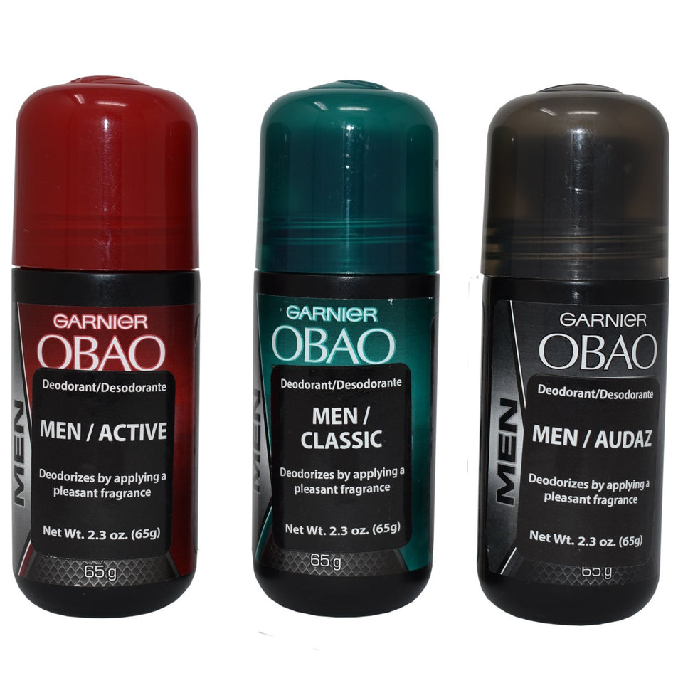 Obao pack front view showing three deodorant sticks and clear branding for easy selection