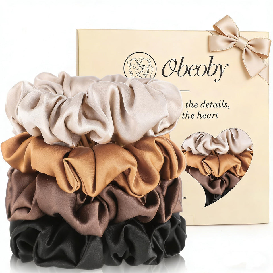 obeoby front packaging showing four silk scrunchies and neat arrangement, highlights quality