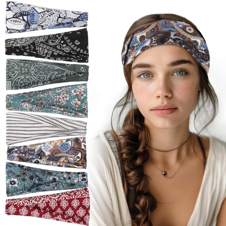 obeoby front packaging view showing eight boho headbands and immediate outfit versatility