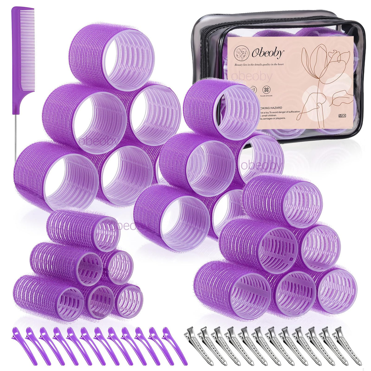 obeoby front packaging showing full curlers kit and included accessories, organized for easy use