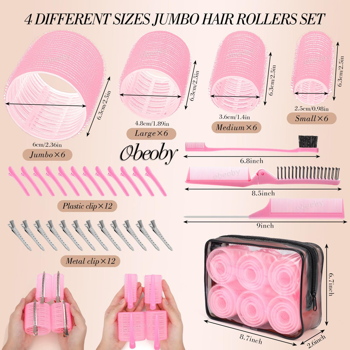 obeoby rollers arranged by size 25mm to 60mm demonstrating curl options and volume control