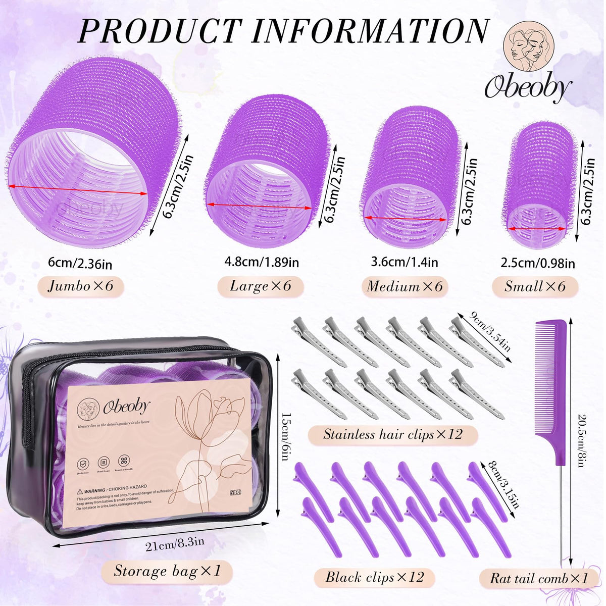 obeoby rollers beside ruler showing four diameters, helps choose curl size and styling options