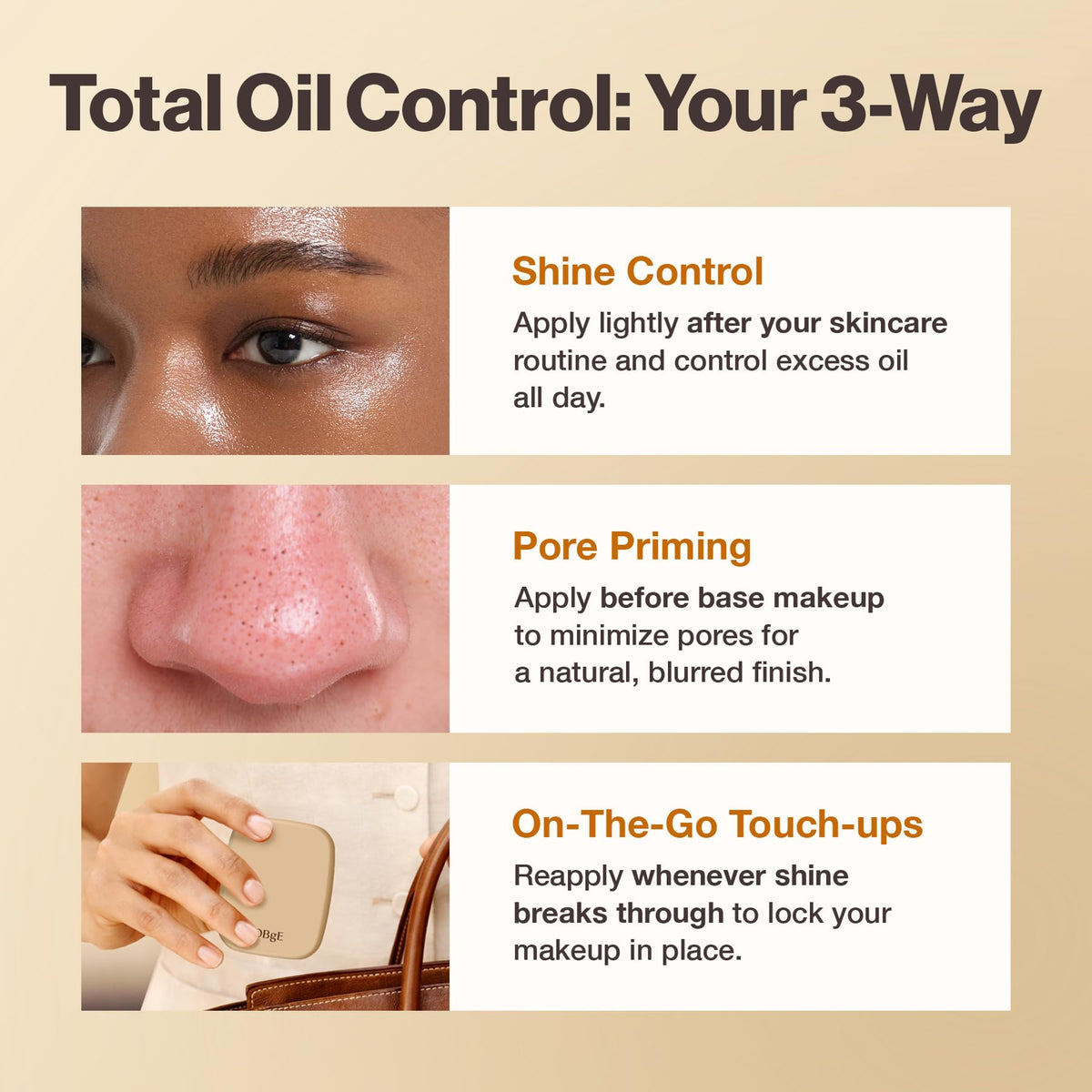 OBgE in use during midday touch-up showing matte control and refreshed appearance