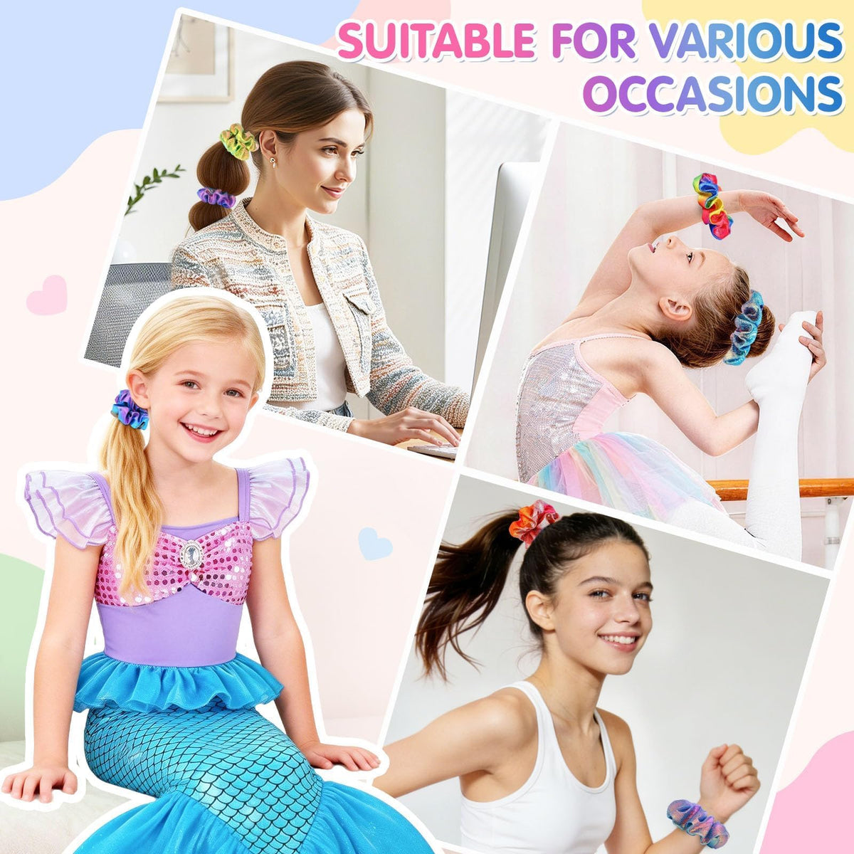 OCATO scrunchie beside ruler showing dimensions and suitability for varied hair types
