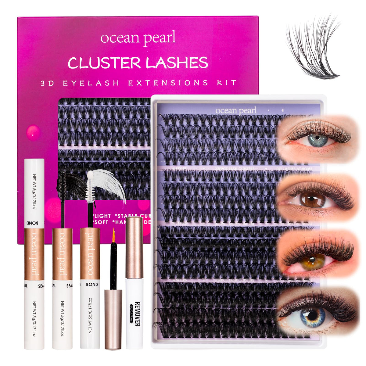 Ocean Pearl cluster tray with 12–20mm lashes demonstrating mixable lengths