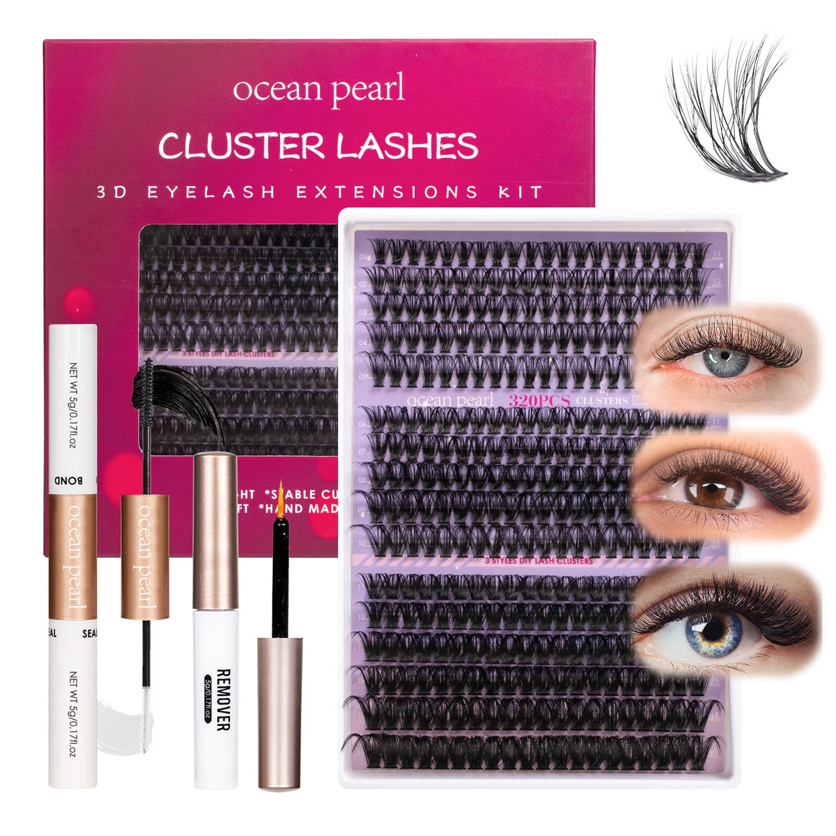 Ocean Pearl front packaging showing 320pcs kit and included tools for easy styling