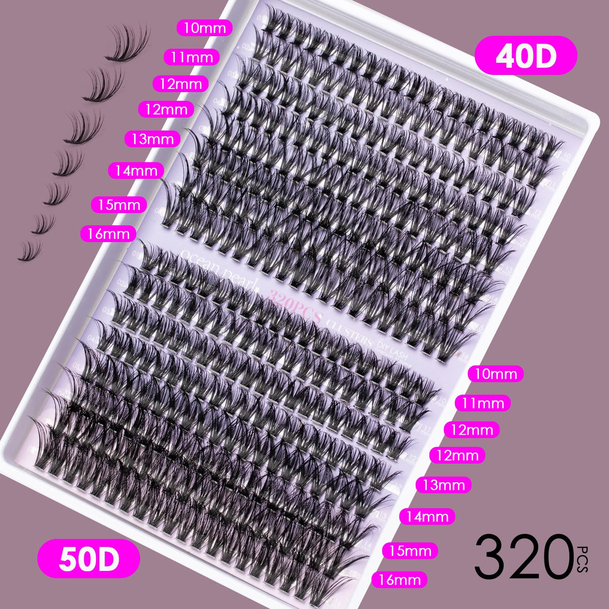 Ocean Pearl length comparison 10–16mm showing mixed sizes to customize eye shapes