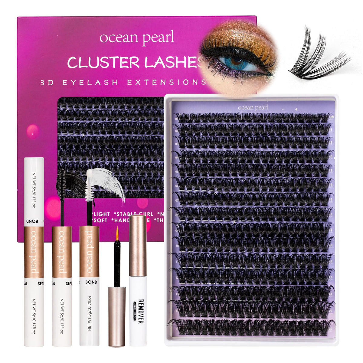 Ocean Pearl display of mixed 10–20mm cluster lengths for customizable natural to dramatic styles