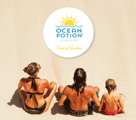 Ocean Potion bottle inside a beach bag ready for on-the-go reapplication