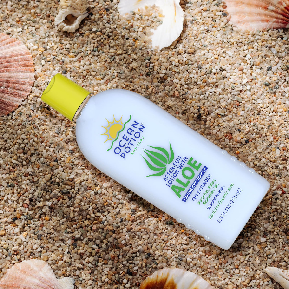 Ocean Potion bottle in a beach bag lifestyle shot suggesting travel-ready after-sun care