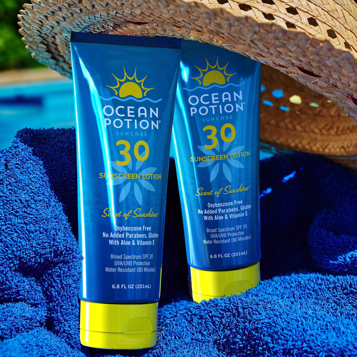 Ocean Potion in a beach setting conveying water-resistant protection for active days