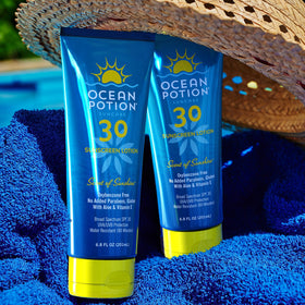 Ocean Potion in a beach setting conveying water-resistant protection for active days