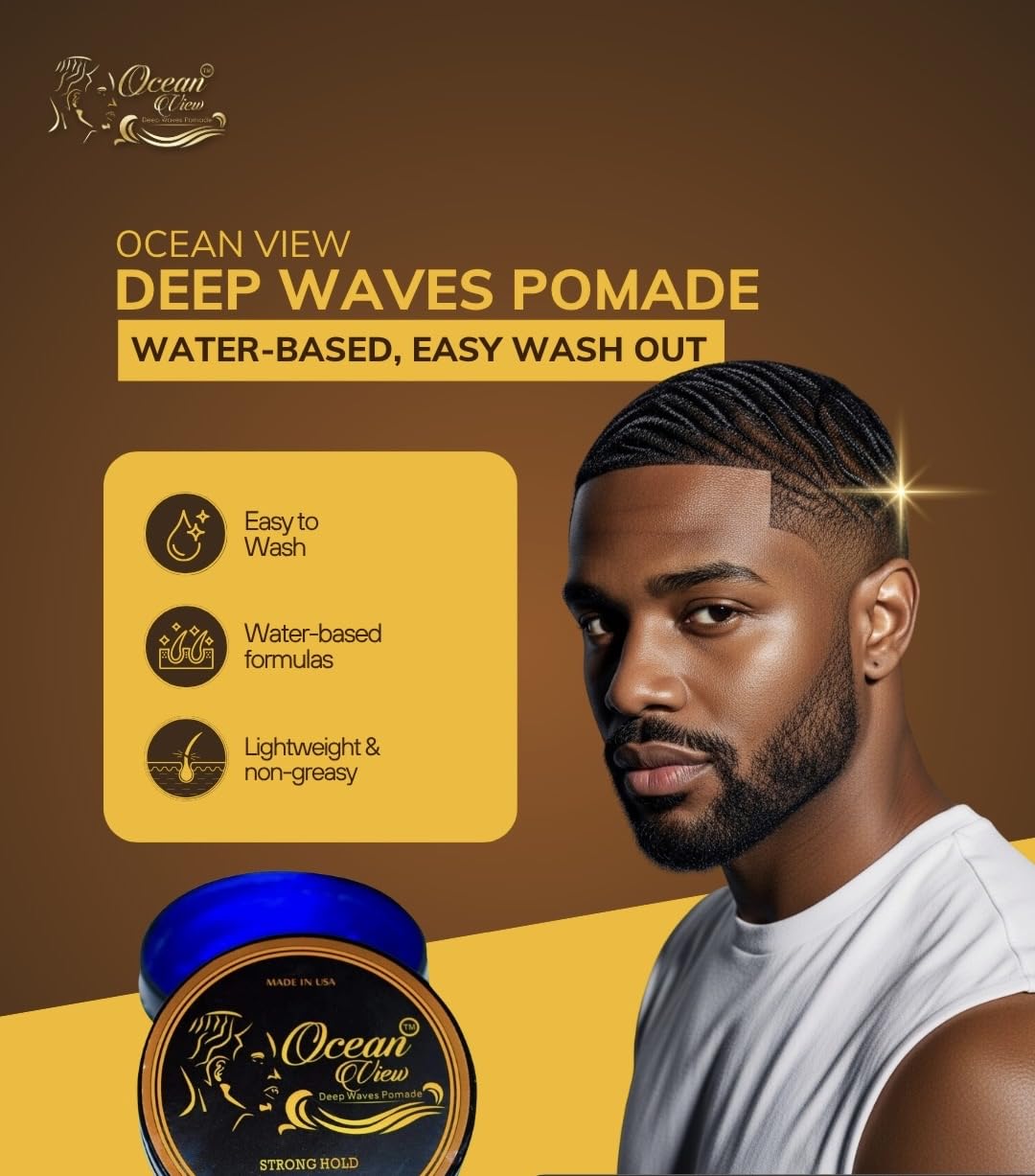 Ocean View Deep Waves Pomade 4oz tin next to ruler showing compact travel-friendly size