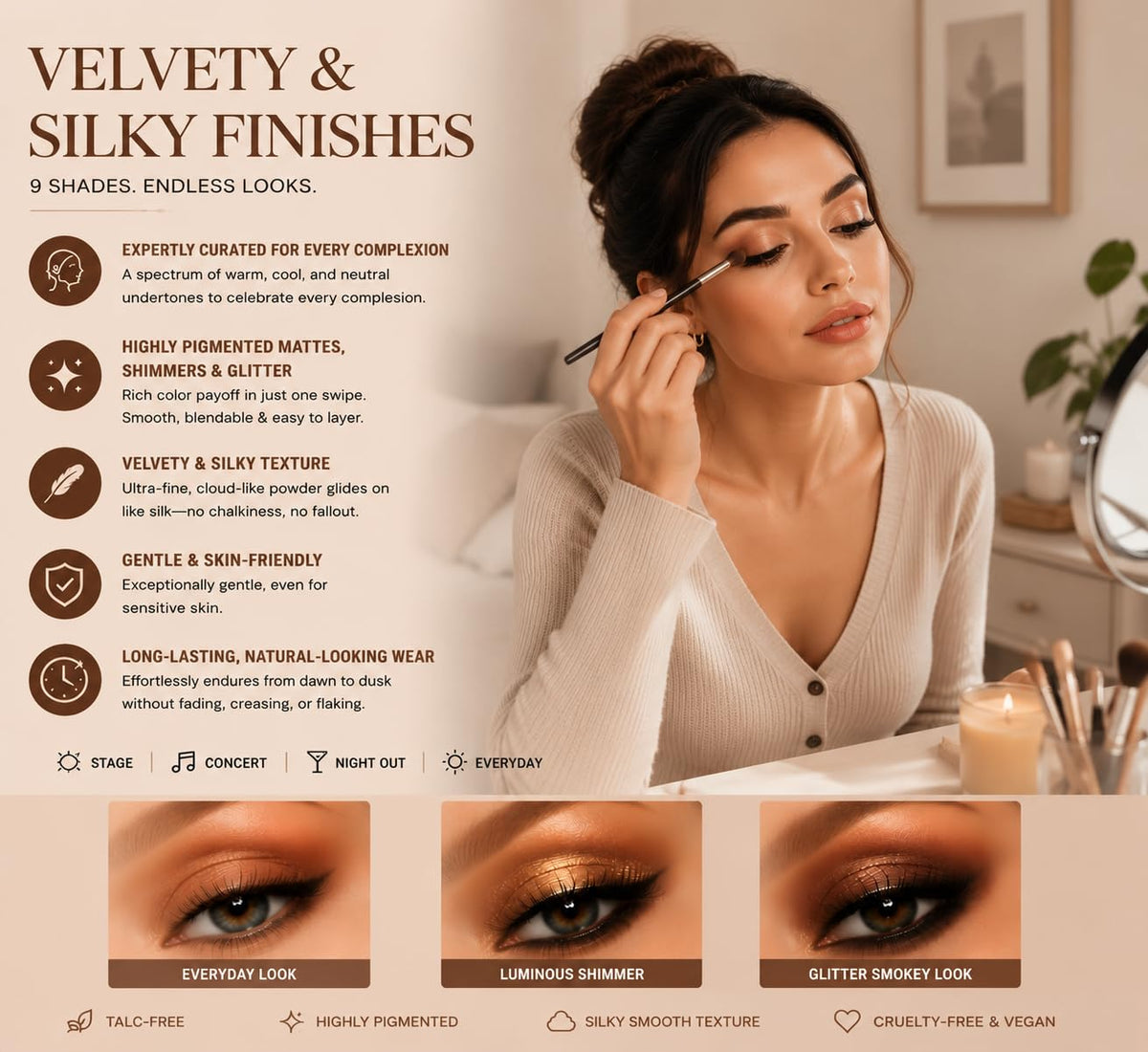 Océane model wearing dramatic evening glam with glitter center lid pop