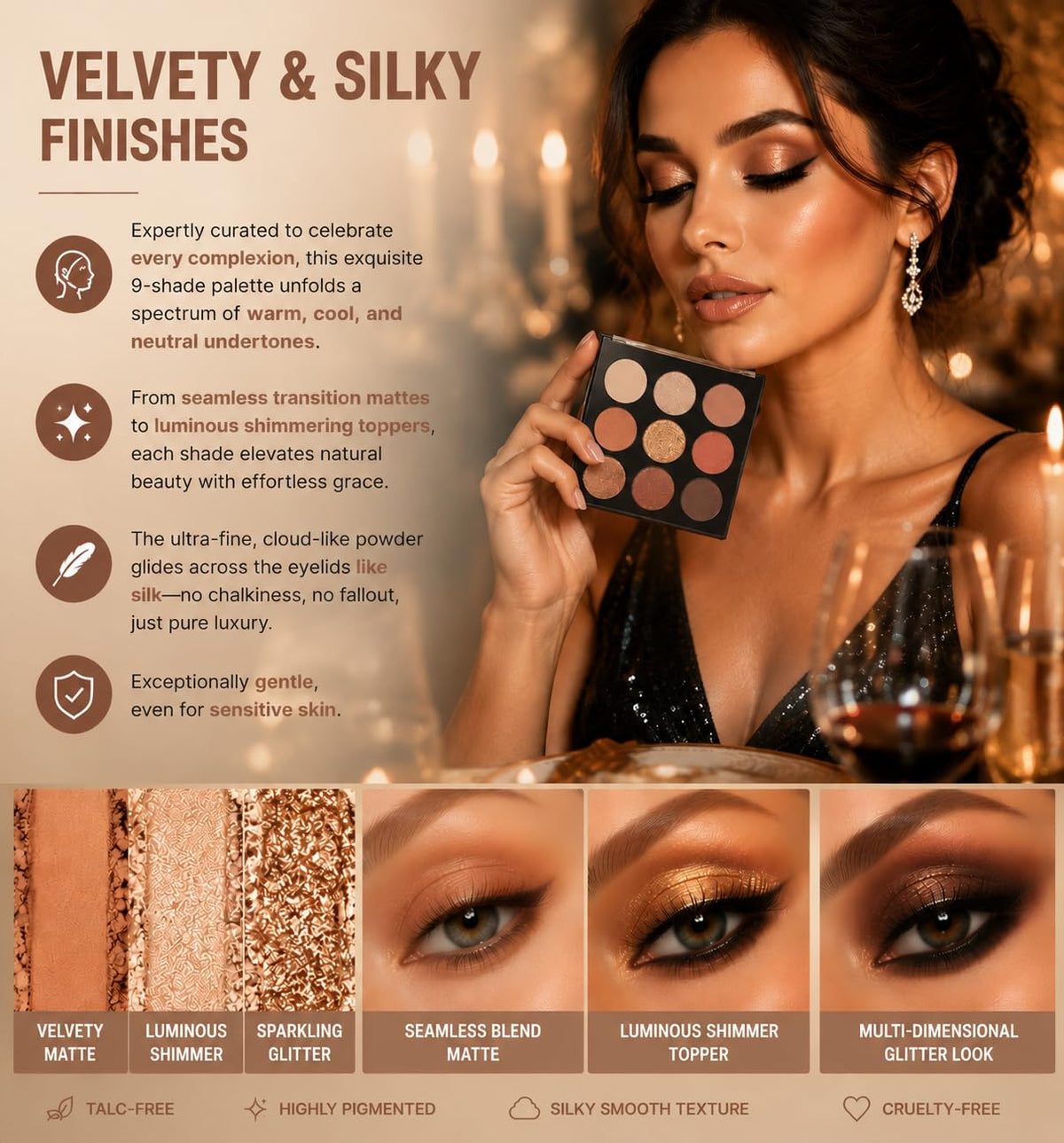 Océane open palette flatlay with mattes shimmers and glitter for easy mixing